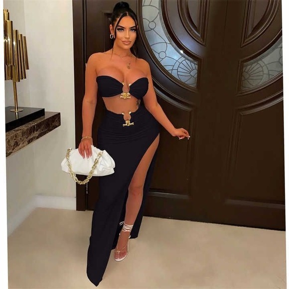 micas Dresses & Skirts - Micas U-ring Crop Tube Top And Asymmetric Slit Skirt Set black size S